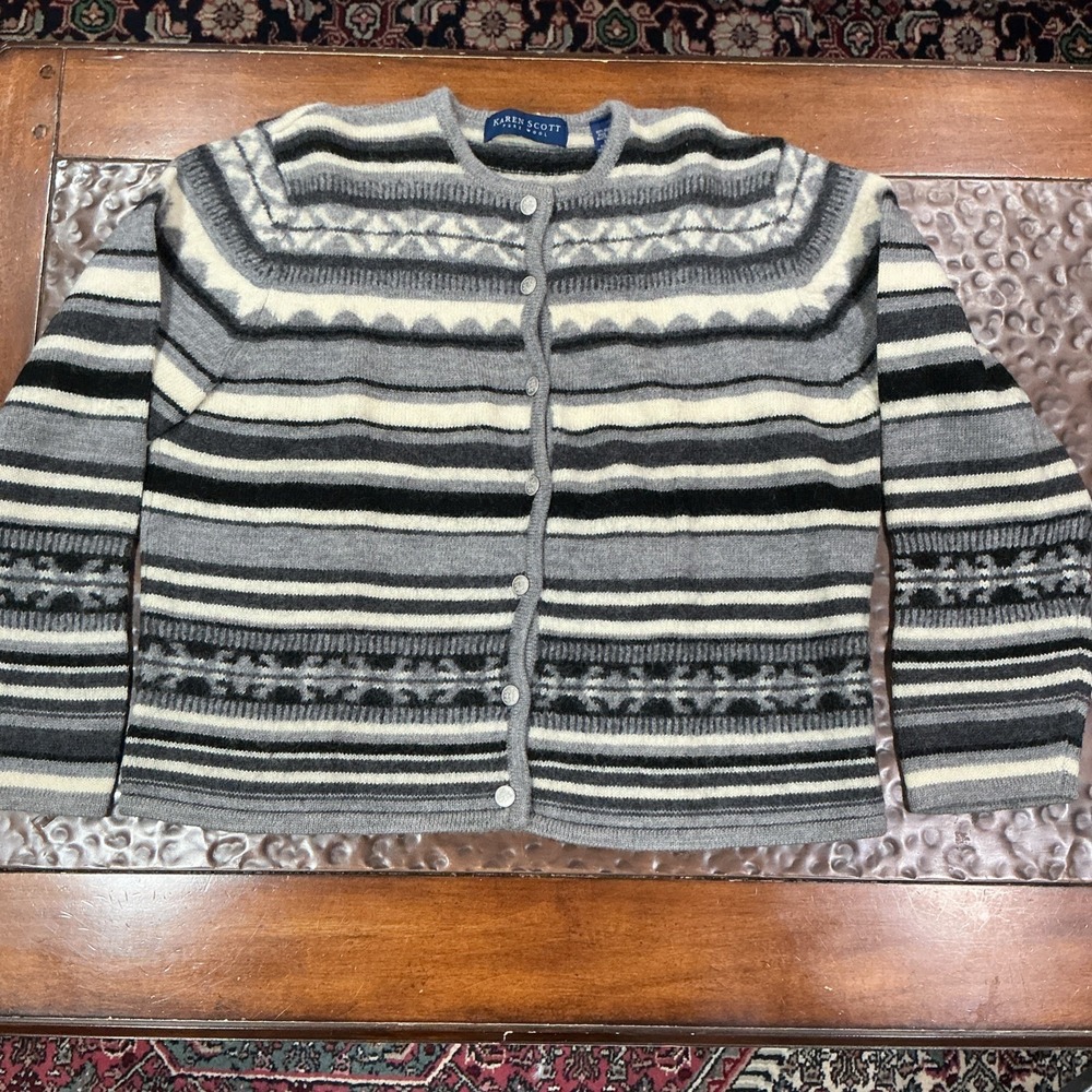 VTG Karen Scott Australian Wool Fair Isle Knit Cardigan Sweater, XL, Snowflake